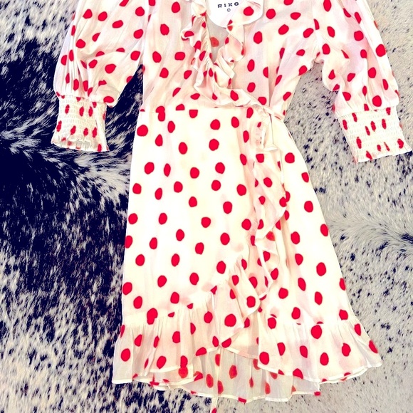 NWT, RIXO polka dot puff sleeve ruffle wrap dress - Picture 3 of 10